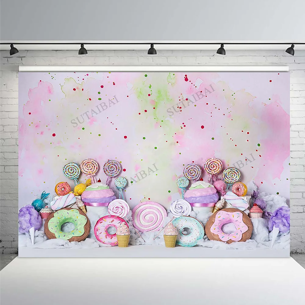 Cotton Candy Bar Lollipop Donuts Pink Birthday Photography Backgrounds Customized Photographic Backdrops For Photo Studio | Электроника