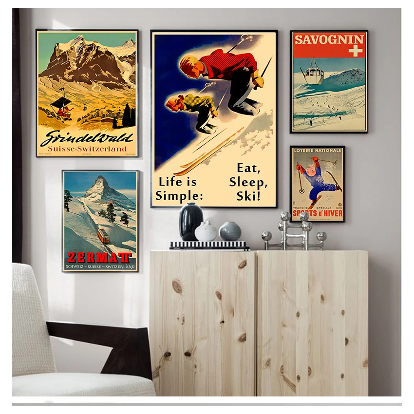 Painting Skiing Vintage Wall Kraft Posters Coated Stickers Home Decoration Picture Gift Art Ski in Australia France Canvas | Дом и сад