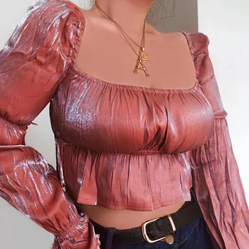 

Lady Summer Open-neck Flared Sleeves Solid Color Blouseselegant Casual Slim Fit Sleeve Short Navel Top