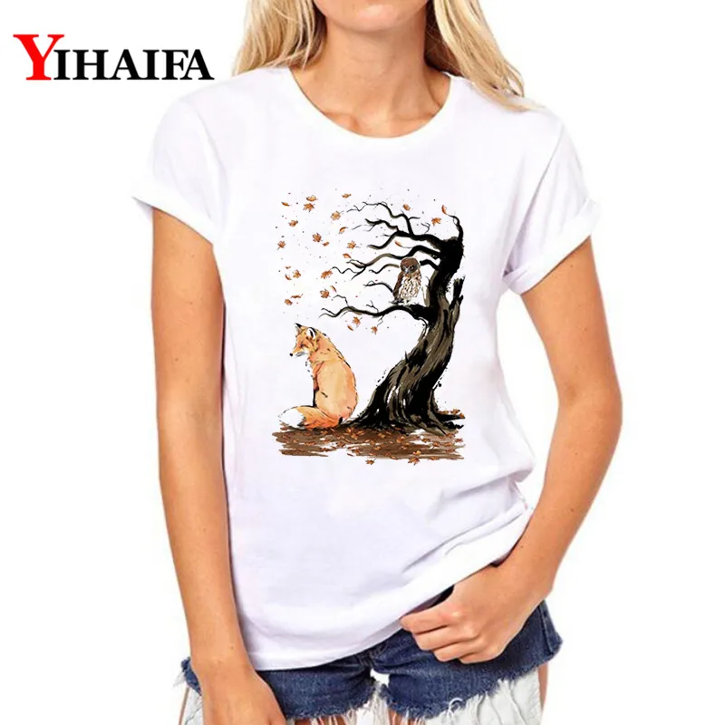 

YIHAIFA Women Short Sleeve T-shirt Fox Owl Tree Print Graphics Tee Casual White T Shirts Harajuku suit gym Tops