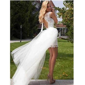 

2021 Detachable Train Wedding Gown Sleeveless Boho Princess Mini Wedding Dress Appliqued Lace Bride Dress Customized
