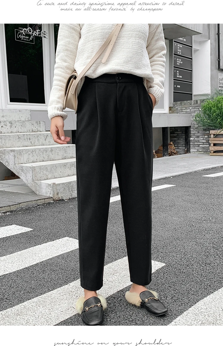 Осень и зима свободные женские брюки с высокой талией широкие брюки прямого толстого размера плюс брюки длиной до щиколотки женские брюки 6996 50
