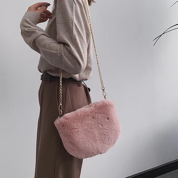 

Women Fluffy Party Chain Strap Outdoor Large Capacity Winter Daily Storage Zipper Closure Crossbody Shoulder Bag Soft Plush