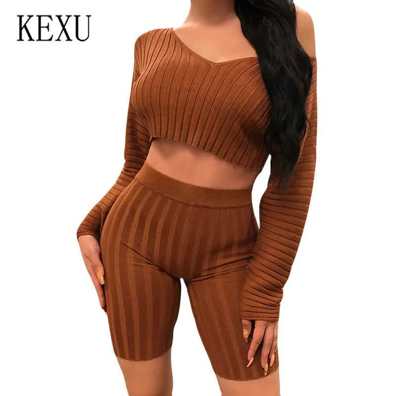 

KEXU Sexy Deep V Exposed Umbilical Top and High Waist Tight Five Pants Suit Women Elegant Long Sleeve Bodycon Slim Playsuits