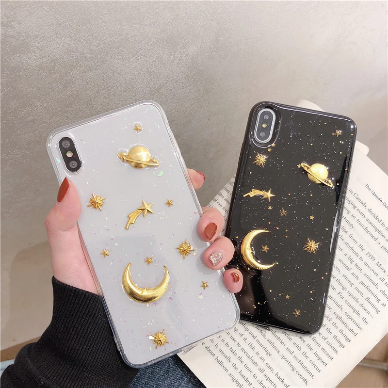 

Transparent & black Case For iphone x xs max xr Saturn Moon sky Epoxy cover on the For apple iphone 7 8 6 plus phone coque funda