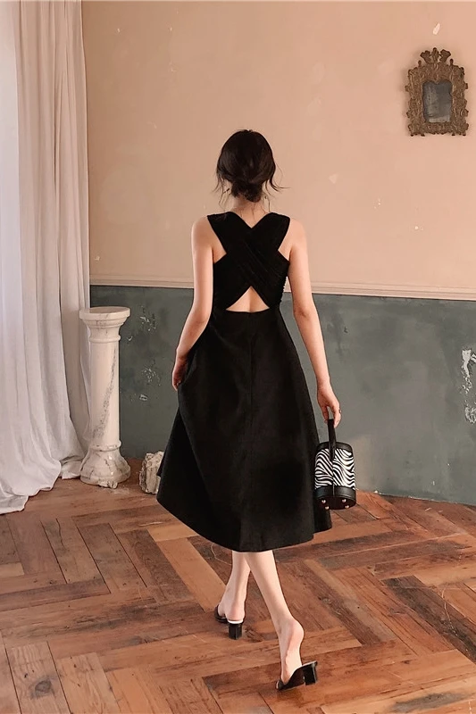 Женское летнее сексуальное платье, элегантное, Хепберн, без рукавов, с перекрещивающимися сзади, миди, трапециевидные вечерние платья, новинка, черное платье