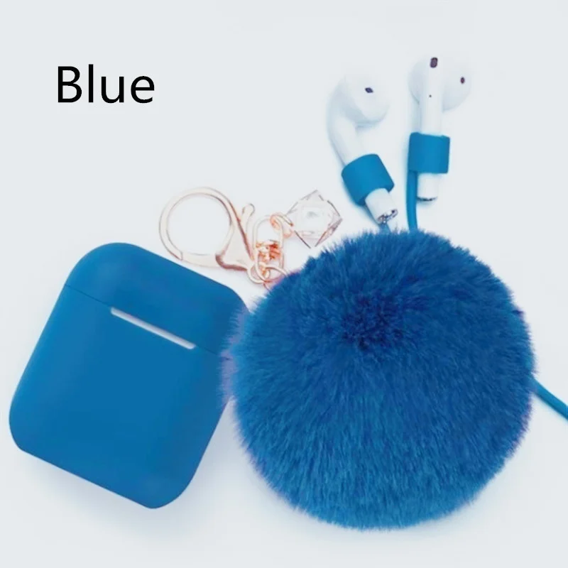 Синий Airpods чехол-Drop Proof Air Pods Защитный чехол силиконовый чехол милый меховой шарик Airpods брелок/ремешок Apple Airpods доступ - Цвет: Синий