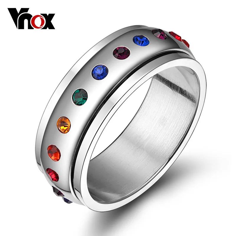 Vnox вращающийся счетчик кольцо для Для женщин Радуга стразами Нержавеющая сталь