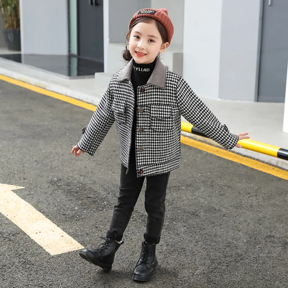 Girls Coat Fashion Plaid Girls Coats Long Sleeve Velvet Outerwear Girl Boy Fall Winter Children's Clothes For Girls 6 8 10 12 14