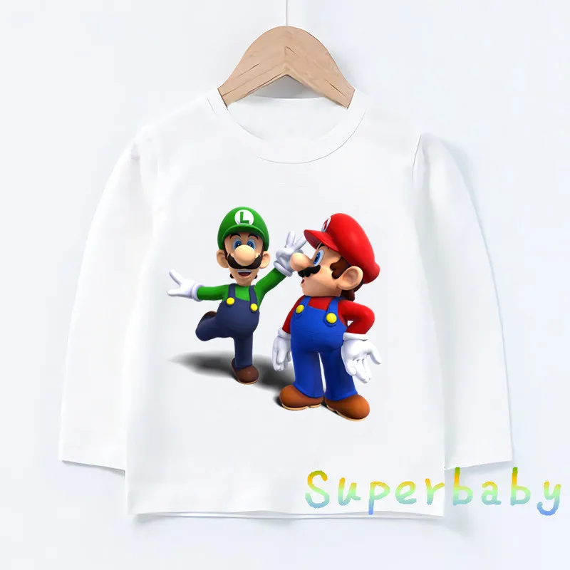 Детская футболка с принтом игры «Super Mario Bros» Забавные топы с героями мультфильмов для маленьких мальчиков и девочек, детская футболка с длинными рукавами LKP5185 - Цвет: LKP5185--W