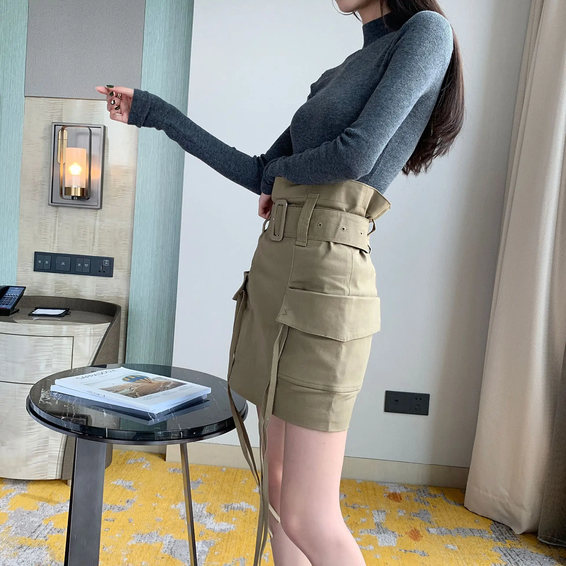 Культивировать себя Высокая талия Мода ягодицы узор короткая юбка женский большой карман ремень