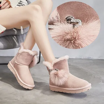 

2019 Ankle Boot Genuine Leather +Natural Fur Snow Boots Fox Fur Hair ball Boots Women's Shoes Flat Cotton Warm Shoes