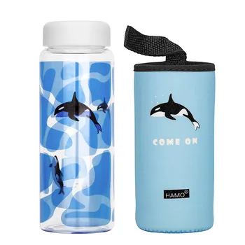 

Creative 450ML Blue cup Ocean Gradation Whale Glass Water Bottle Cute Whale Polar Bear Animal Cold Deinkware With Bottle Set
