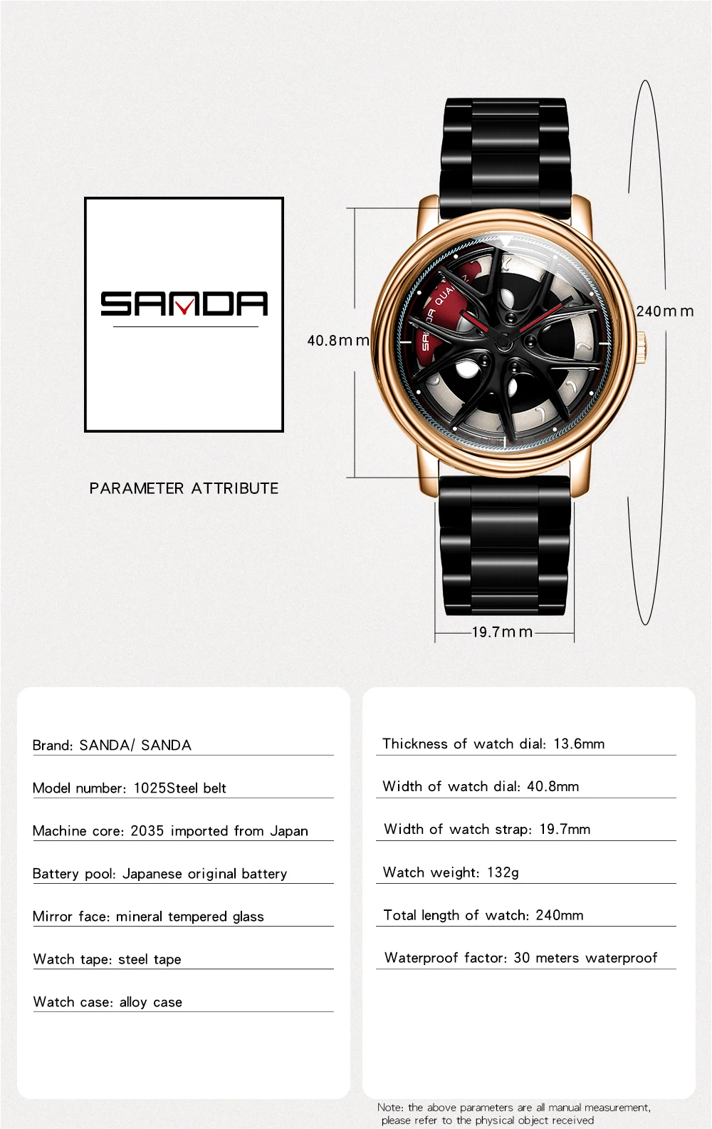 SANDA высококачественные мужские часы с ремешком из нержавеющей стали премиум-класса, кварцевые мужские часы с Т-образным колесом и вращающимся циферблатом, мужские часы 1025