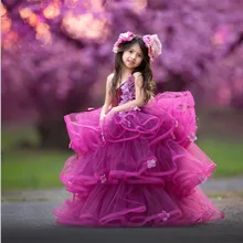 Пышное Бальное Платье; нарядные платья для девочек с объемной цветочной аппликацией; многослойные платья с оборками и цветочным узором для девочек; Детские вечерние платья