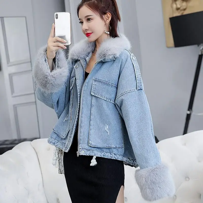 Куртка с длинным рукавом женская зимняя куртка корейские карманы шерсть мягкая джинсовая куртка свободного размера плюс шерстяной воротник хлопковое пальто