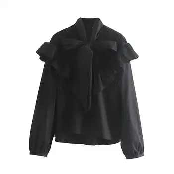 

2019 Women Autumn Vintage Bow Ruffles Black Blouse Casual Solid Silm Kimono Shirt Long Sleeve Short Tops