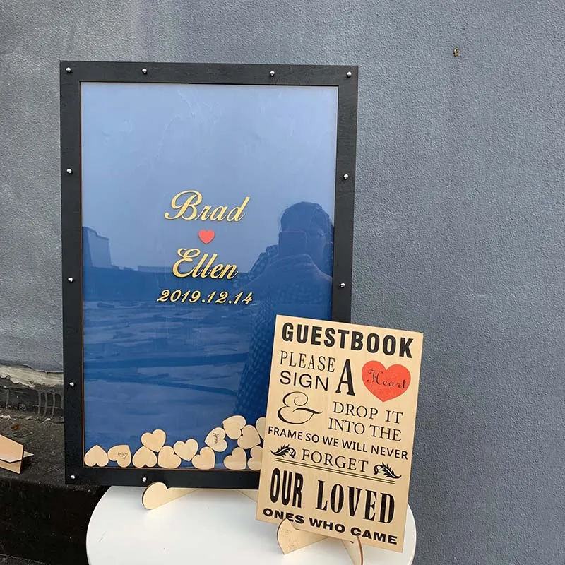 Customize Rustic Wooden Guestbook Black Frame Personalised Wedding Guest Book Alternative Wood Heart Drop Box Top Signature