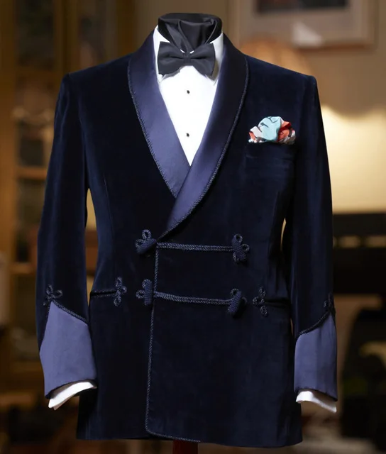 

2020 Navy Blue Men Suit Slim Fit Tuxedo Custom Blazer Groom Prom Wedding Suits 2 Pieces ( Velvet Jacket+ Black Cotton Pant)