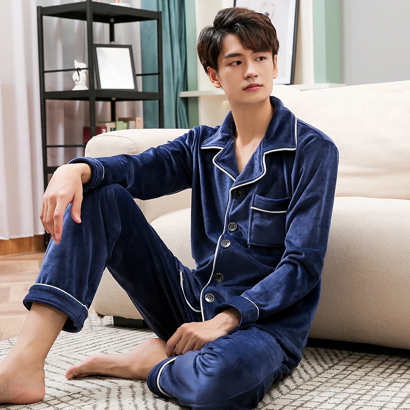 Winter Coral Fleece Pajamas Men Gray Dormir Lounge Sleepwear Man's Bedroom Home Clothes Pijamas Thicken Bedgown Warm Pyjamas PJs