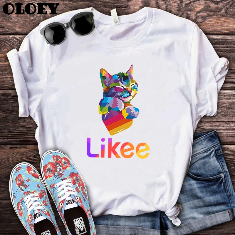 Модная футболка Likee App женская в эстетике ЛГБТ с рисунком кота и сердца летняя