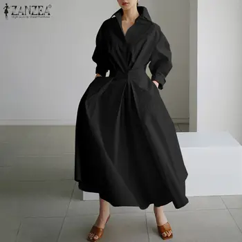 ZANZEA Fashion Lapel Neck Long Sleeve Sundress Elegant Women Autumn Long Shirt Dress Oversized Solid OL Vestidos Robe Femme