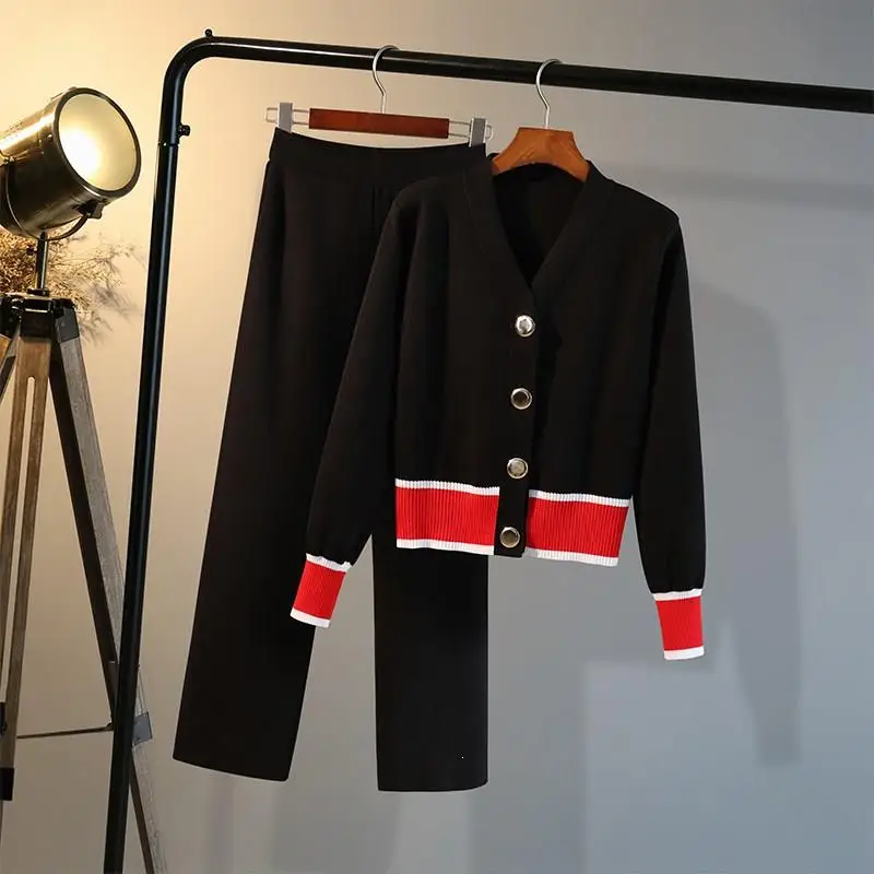

2019 Spring Women Knitted Cardigans Pants 2 Pieces Sets Button Contrast Single Breasted Sweater Top And Wide Leg Pants Suits