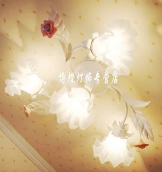 

European-style garden living room Romantic Restaurants white wrought iron pink ceramic flowers glass lampshade Ceiling Lamp c139