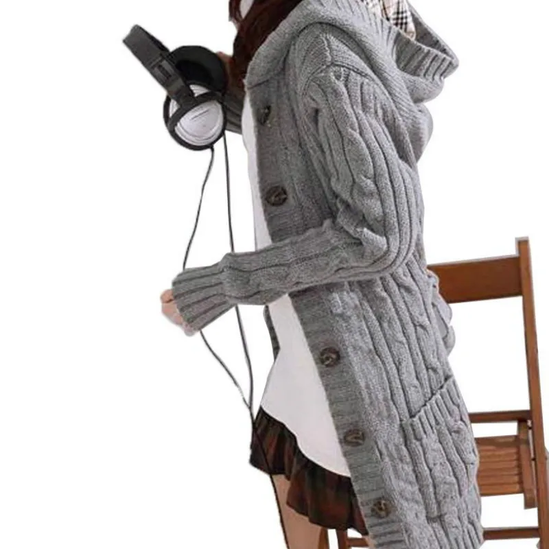 Hooded Knitted Cardigan Trench Coats Outwear Twisted Crocheted Sweater with Hat Belt Single-Breasted Long Sleeve Jacket Tops |