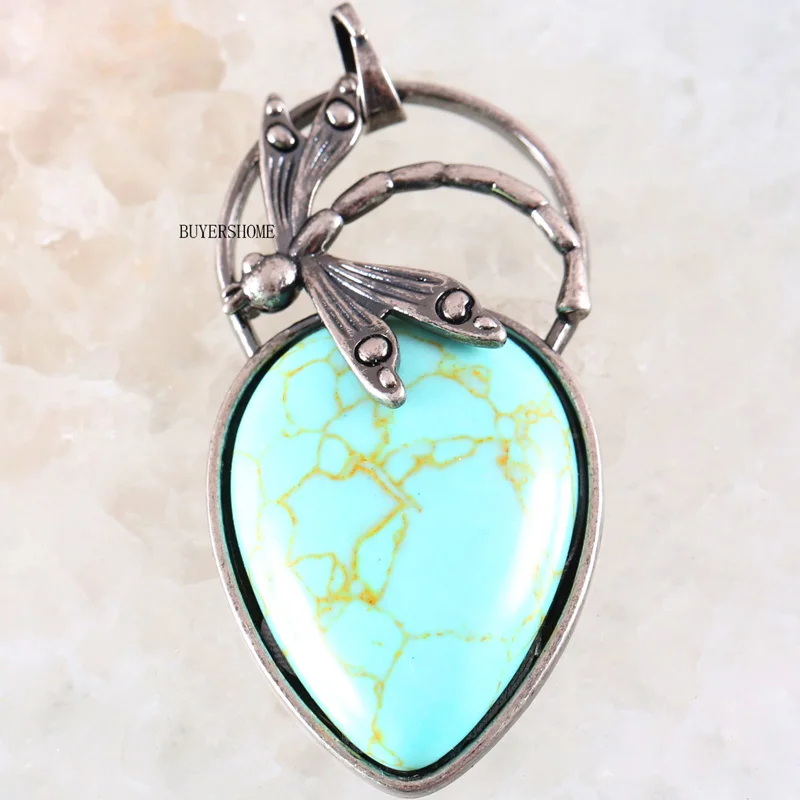Green Howlite Серебряное ожерелье с подвеской, стрекоза, сердце, бусина, натуральный камень, Лапис, авантюрин, Howlite, Кристалл для девочек, женщин, ювелирное изделие, подарок - Metal color: Green Howlite