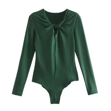 

Hot Sale Women Twist Knot Design Hollow V Neck Bodysuits Casual Female Long Sleeve Slim Tops T1563