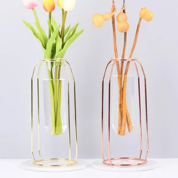 

New Hot Sale Metal Hydroponic Vase Glass Test Tube With Stainless Steel Rack Hanging Type Rose Gold Hydroponic Vase Home Decor