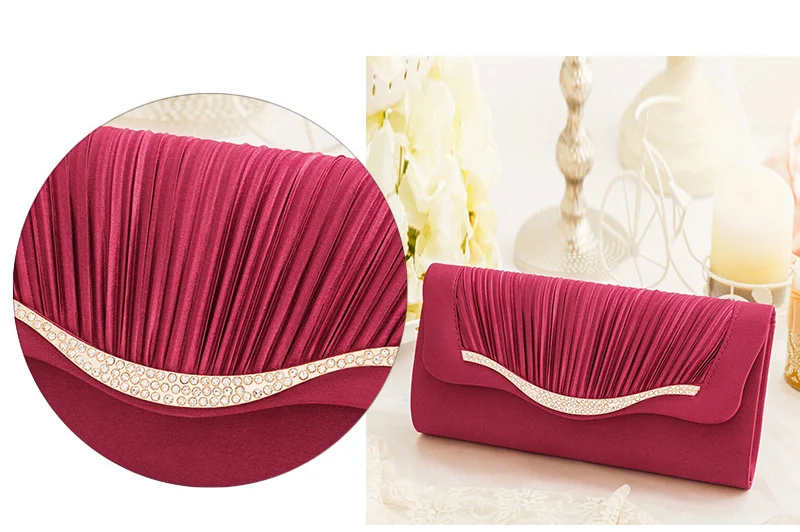 Concise Pleat Clutch Bag Rhinestone Black Solid Envelope Shoulder Bags Ladies Elegant Shoulder Pouch Rectangle Purse Female Bag - Цвет: claret