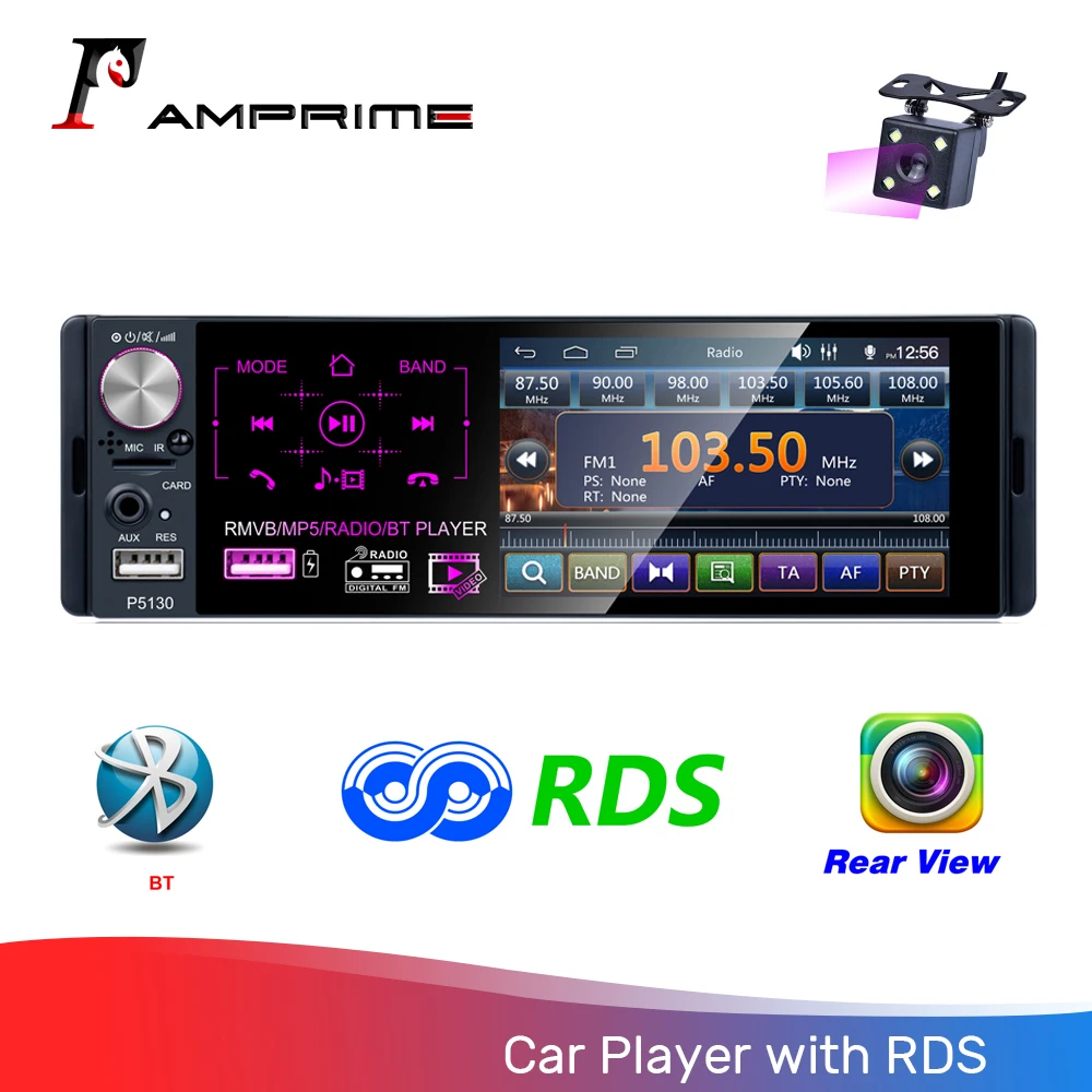 

AMPrime 1Din Car Radio 4.1"Touch Screen FM/AM/USB/MP5/RDS Bluetooth Audio Player Radio Station Support Remote Control Car Stereo