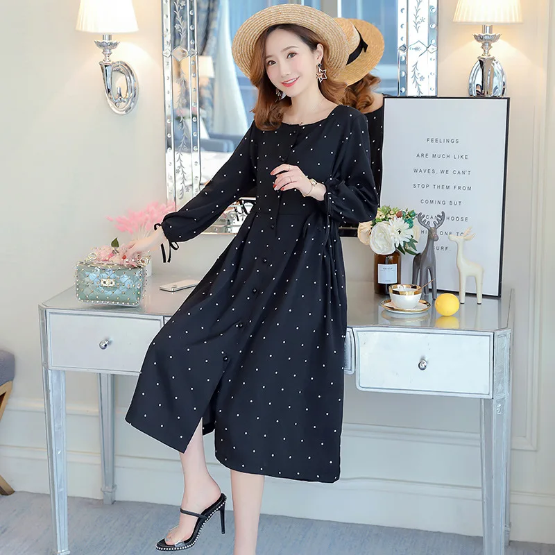 

2019 Spring New Style Korean-style V-neck Hepburn Long Skirts Women's Normcore Style Polka Dot Pregnant Women Dress 3-9 Month Ma