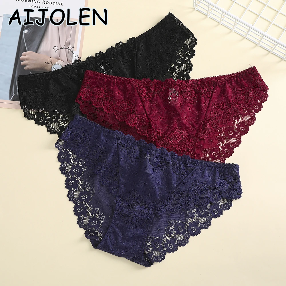 AIJOLEN Solid Color Lace Women's Underwear Floral Double Layer Underpants  Sexy Hollow Lace Pants Mid-waist Comfortable Panties