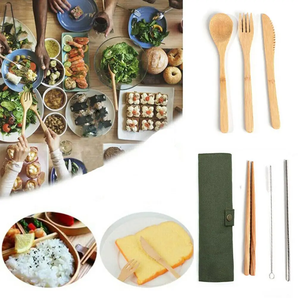 

Yfashion 7Pcs/Set Portable Kids Bamboo Cutlery Set with Straw for Travel