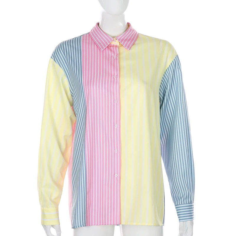 IAMSURE Colorful Striped Patchwork Women Casual Shirts Long Sleeve Oversize Ladies Blouses Streetwear Autumn Fashion Clothes
