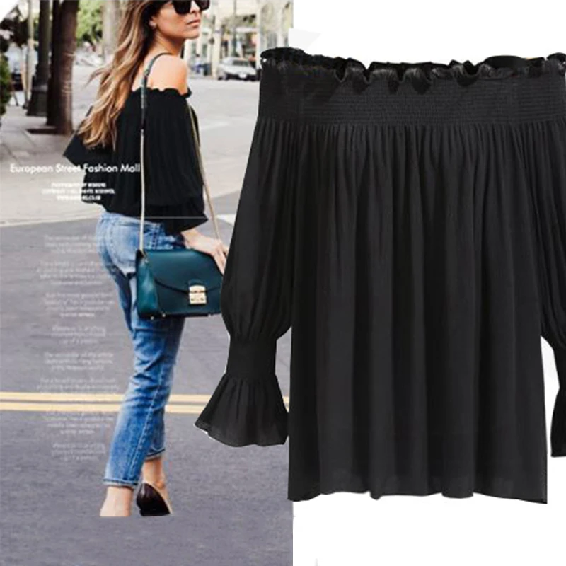 

Women Spring Autumn Thin Slash Neck Blouse Loose Plus Size Off Shoulder Tops Sweet Long Sleeve Pleated Tunic Solid Color Shirts