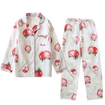 

Cartoon Strawberry Printed Spring New Ladies Cute Pajamas Set Comfort Gauze Cotton Loose Thin Cardigan+Pants Women 2Pcs Homewear