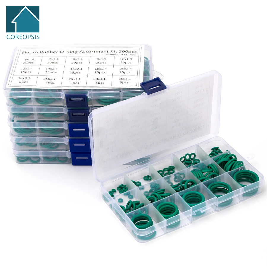 

Fluorine Rubber FKM Sealing O-rings OD 6mm-35mm CS 1mm 1.5mm 1.9mm 2.4mm 3.1mm Green Gasket Replacements Kits 150-225PCS S14