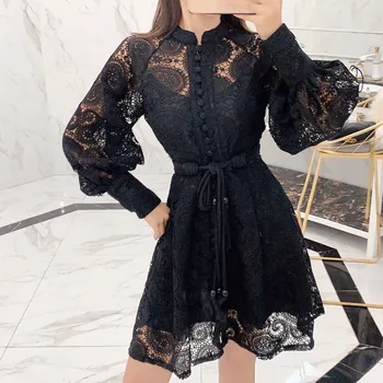 

New arrival Runway Self portrait Vintage Style Women Dress Lace Floral Embroidered Slim Hollow Out Puff Sleeve Dresses Vestido