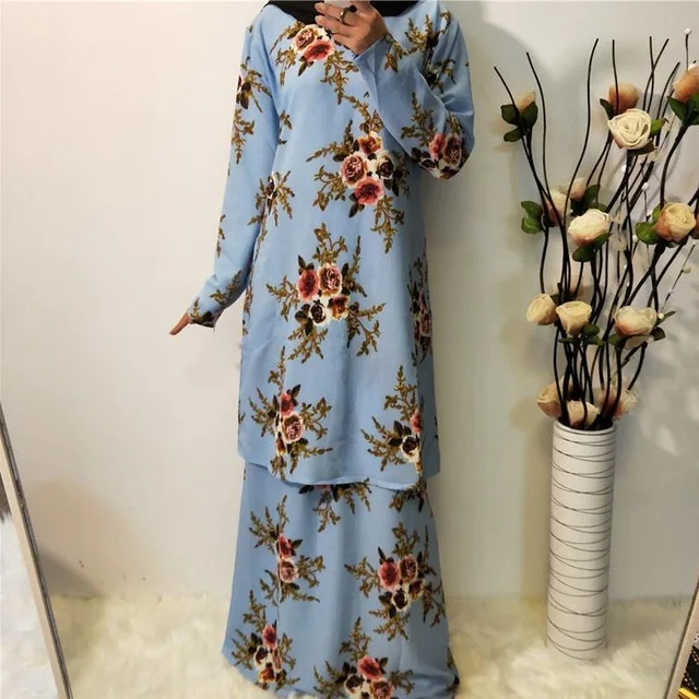 light blue set Two-piece Set Abaya Women Muslim Hijab Kaftan Dress caftan Plus Size Arab Turkey Elbise Islam Robe Musulmane Longue Ramadan Eid - Color: light blue set
