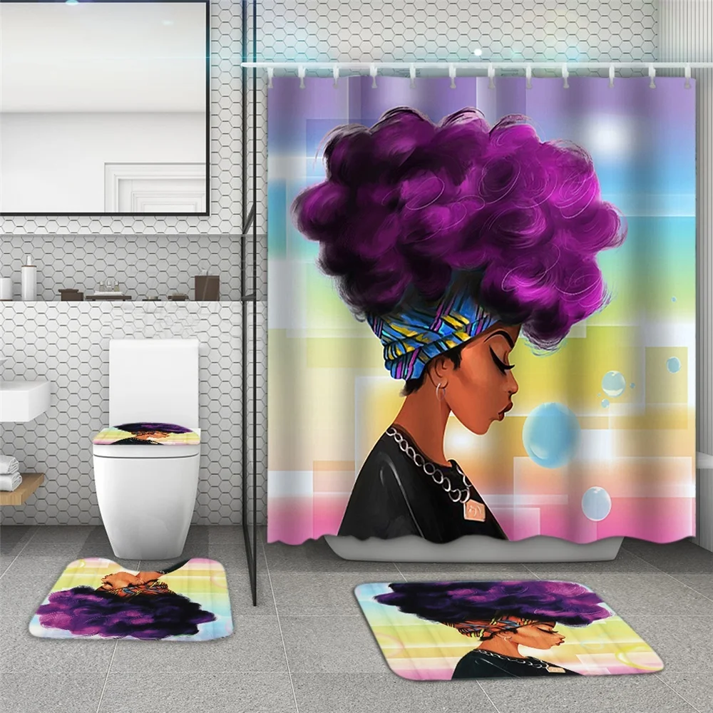 4 Pcs African Girl 3D Waterproof Shower Curtain Bathroom Non-Slip Rug Toilet Seat Cover Bath Mats Set Home Decor 3 Color - Цвет: Фиолетовый