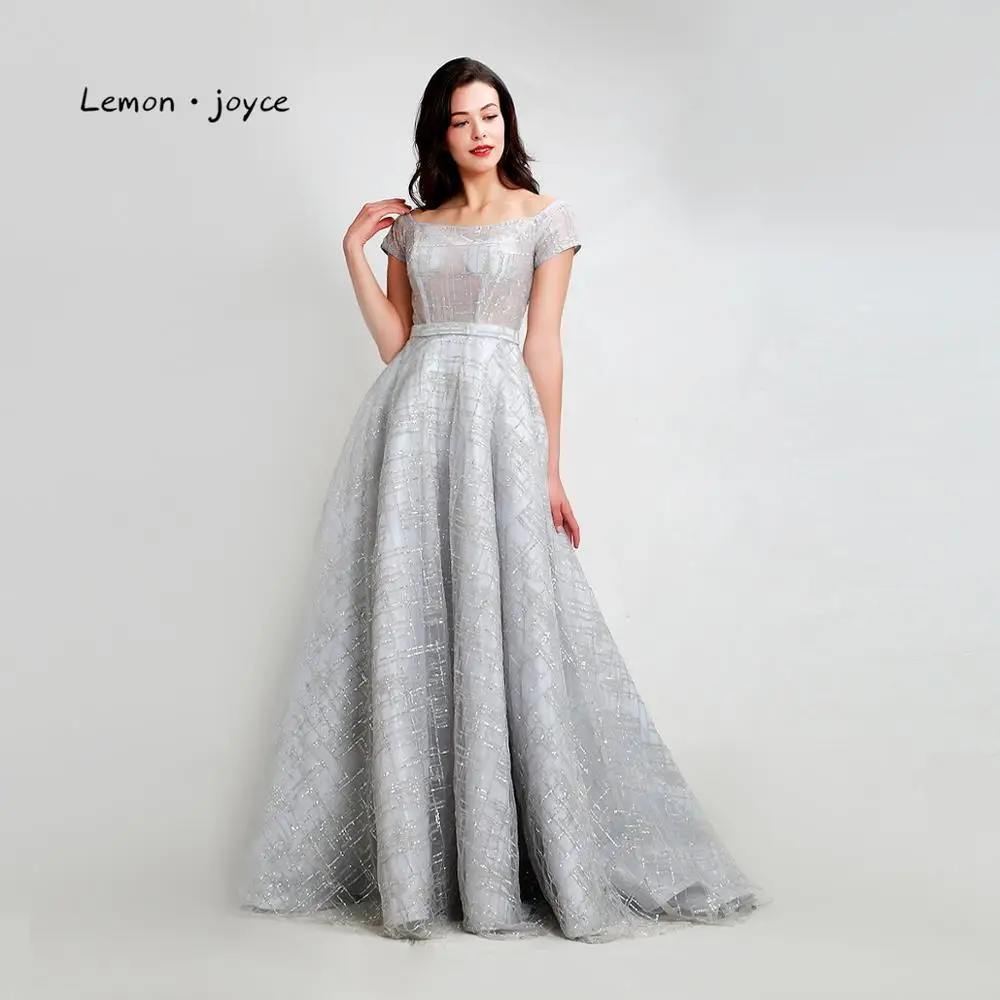 Lemon joyce Formal Gray Evening Dresses Long Short Sleeves Illusion A-line Floor Length Party Gowns Plus Size - Цвет: Same As Picture