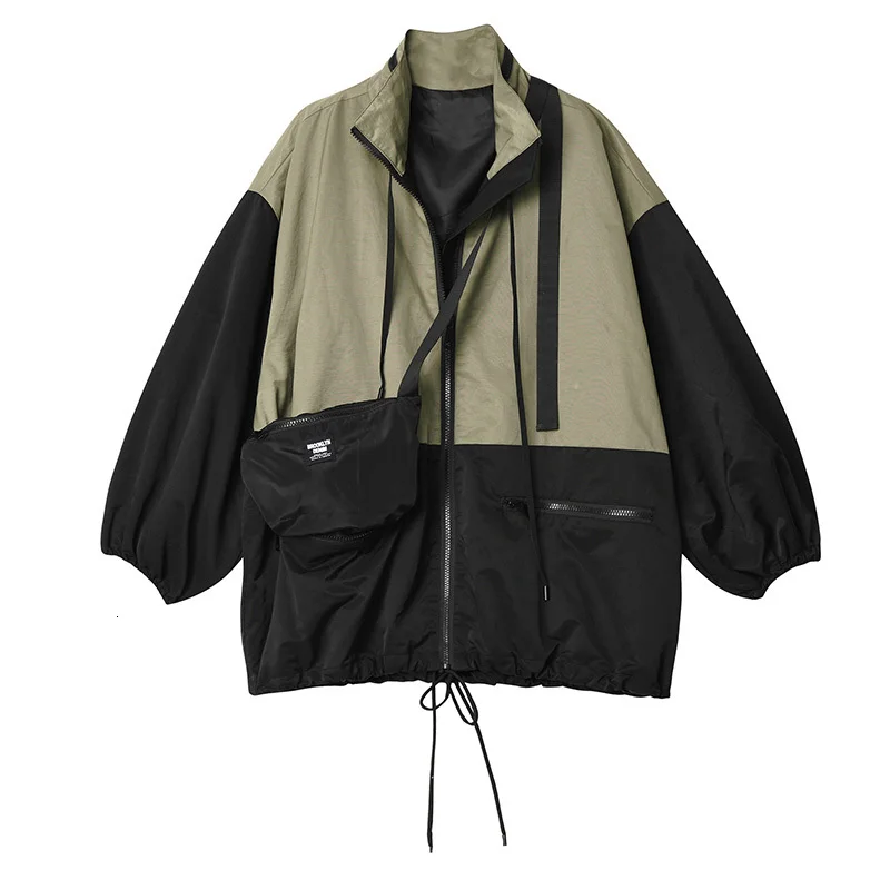[EAM] Свободная куртка контрастного цвета, большой размер, новинка, стоячий воротник, длинный рукав, Женское пальто, мода, Осень-зима, 1H058