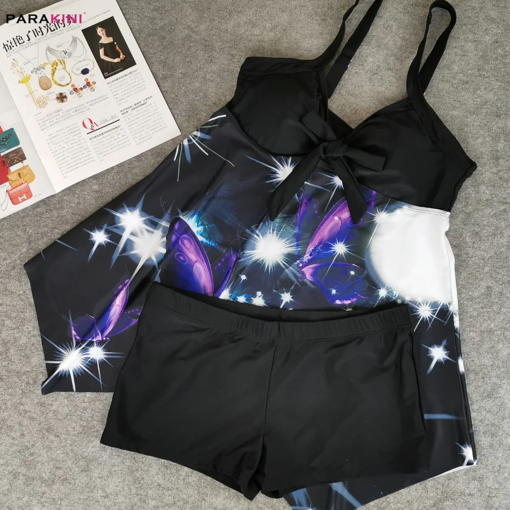 PARAKINI, открытая спина, с принтом, купальник,, нового размера плюс, платье для плавания, женские шорты Танкини, большой размер, купальник, костюм из двух частей, бикини
