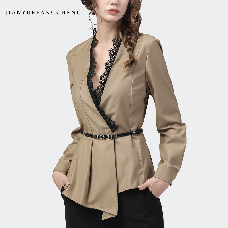 2020 Autumn New Women Khaki Tops Long Sleeve V