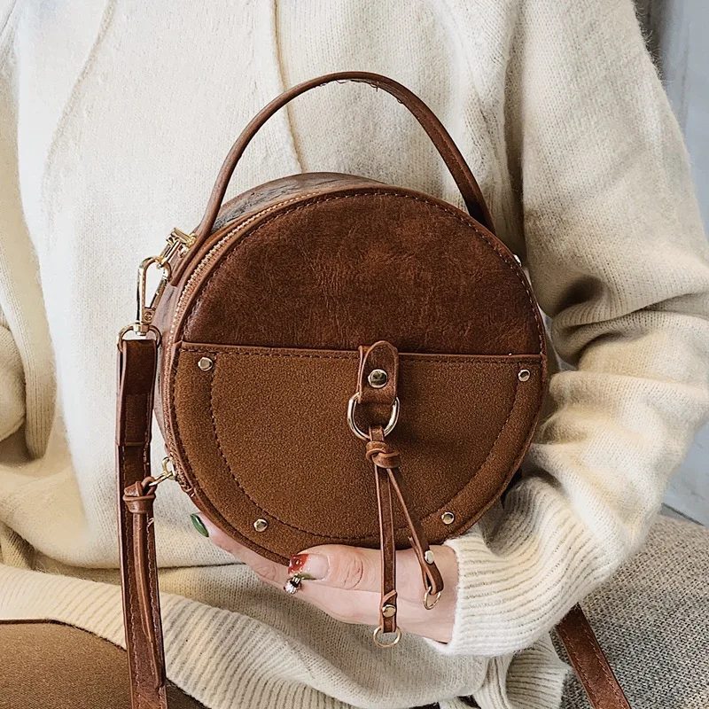

Vintage Scrub Leather Round Designer Crossbody Bag For Women 2019 PU Leather Shoulder Bags Ladies Small Handbags Mini Tote Bag