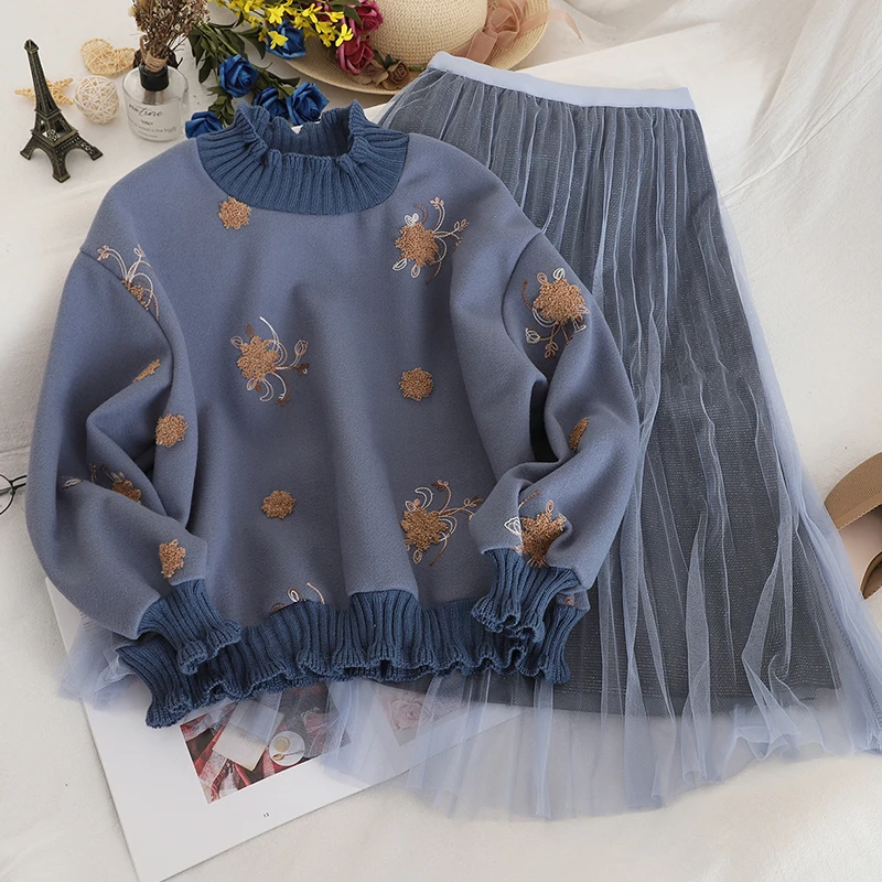 Neploe женский свободный пуловер с вышитыми цветами Толстовка+ Высокая талия сетчатая Плиссированная Юбка До Колена милый костюм из двух предметов 55648